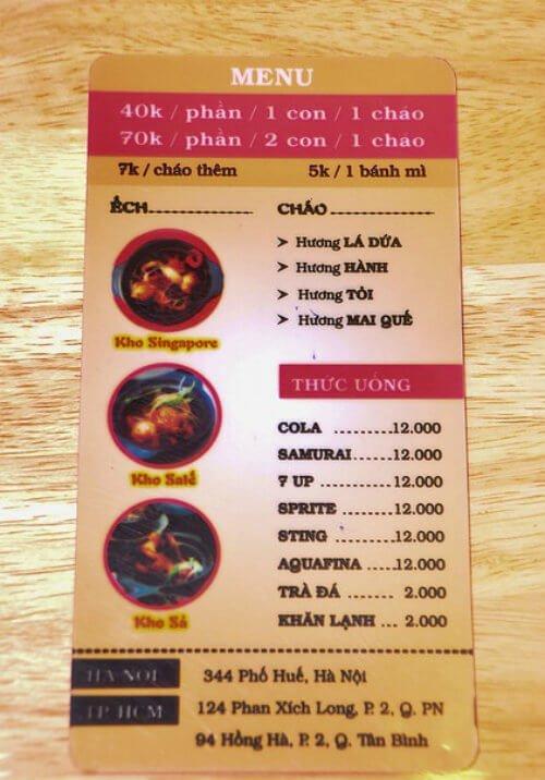 Menu cháo ếch Singapore - YeuAmThuc.org