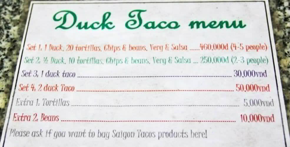 Menu - Tacos vịt nướng - YeuAmThuc.org