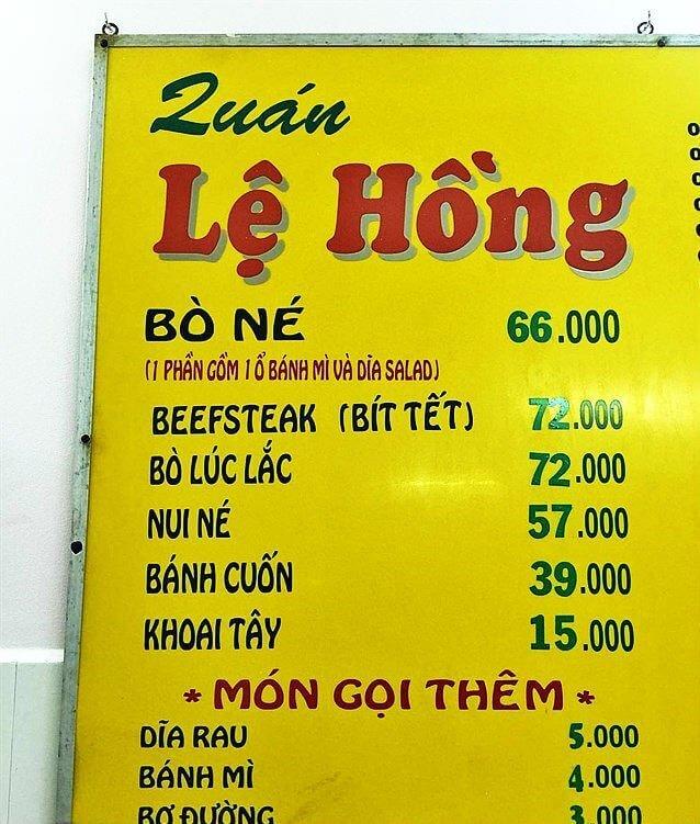 Menu tại bít tết Lệ Hồng - YeuAmThuc.org