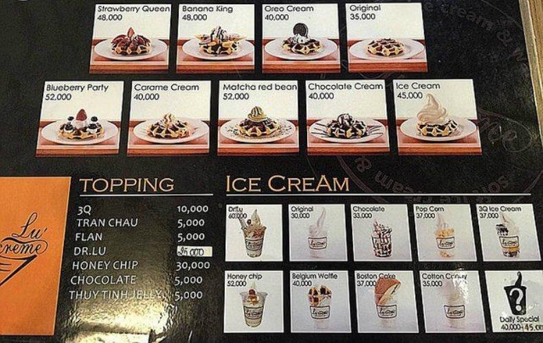 Menu tại Lu'Creme - YeuAmThuc.org