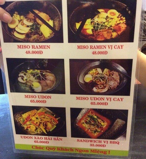 Menu tại Thần Rồng Mì Nhật - YeuAmThuc.org
