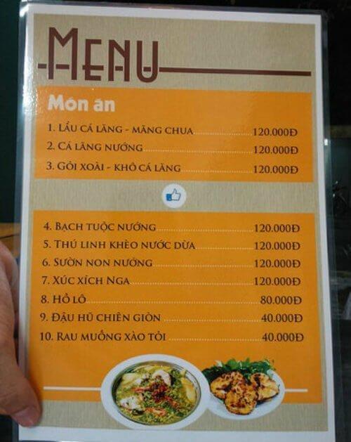 Menu tại lẩu cá lăng La Nhà - YeuAmThuc.org